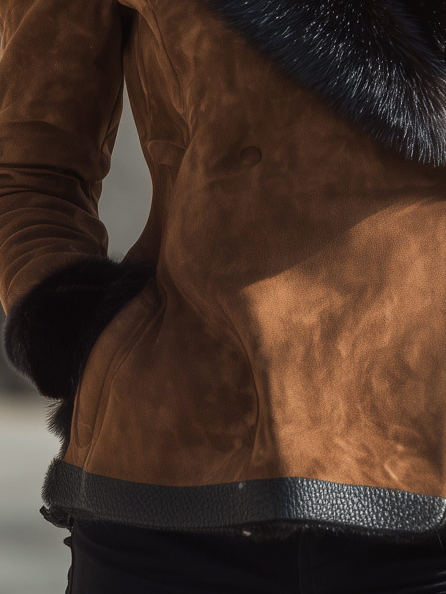 Kostanjeva jakna iz umetnega krzna in semiša