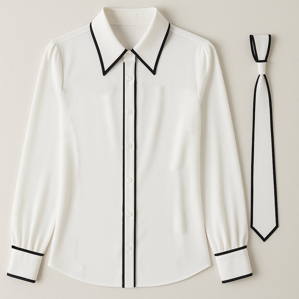 Elegantna bluza z vezalnim ovratnikom in kontrastnimi obrobami