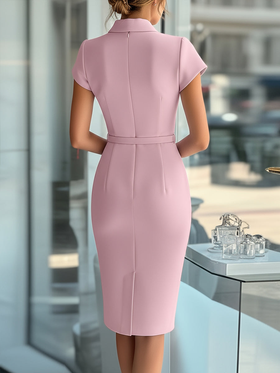 Asimetrična elegantna nebesno modra obleka s pasom