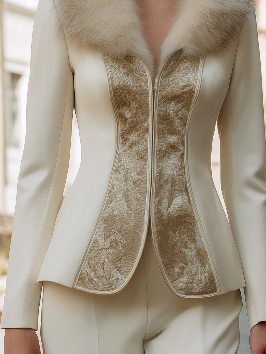 Žakardni blazer s snemljivim ovratnikom iz umetnega krzna