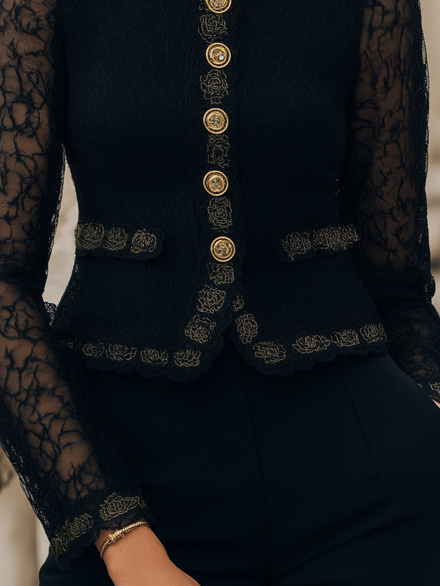 Blazer s stojačim ovratnikom in čipko ter gumbi spredaj