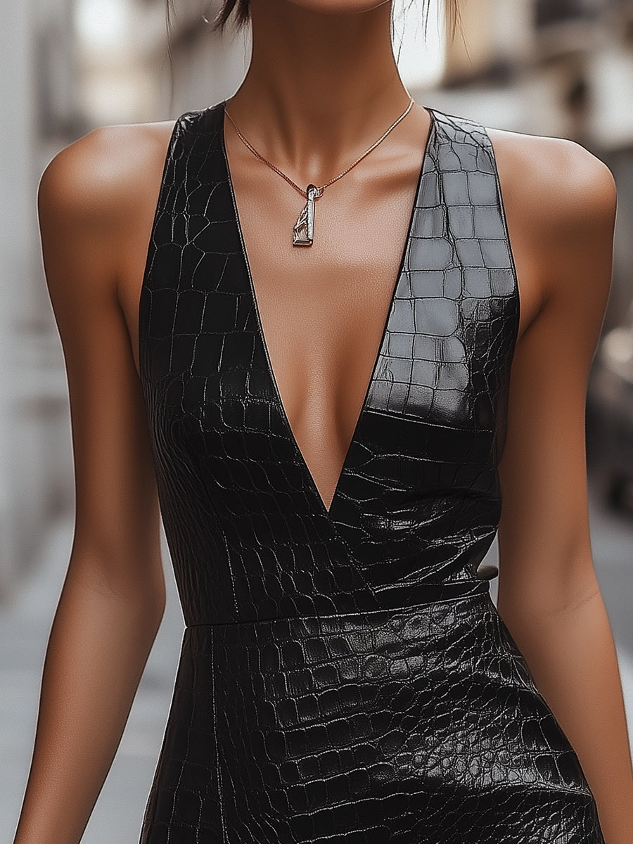 Drzna črna usnjena mini obleka s krokodiljim reliefom