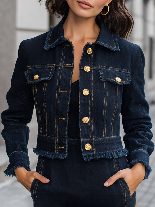 Obrabljena jeans jakna z zlatimi gumbi 