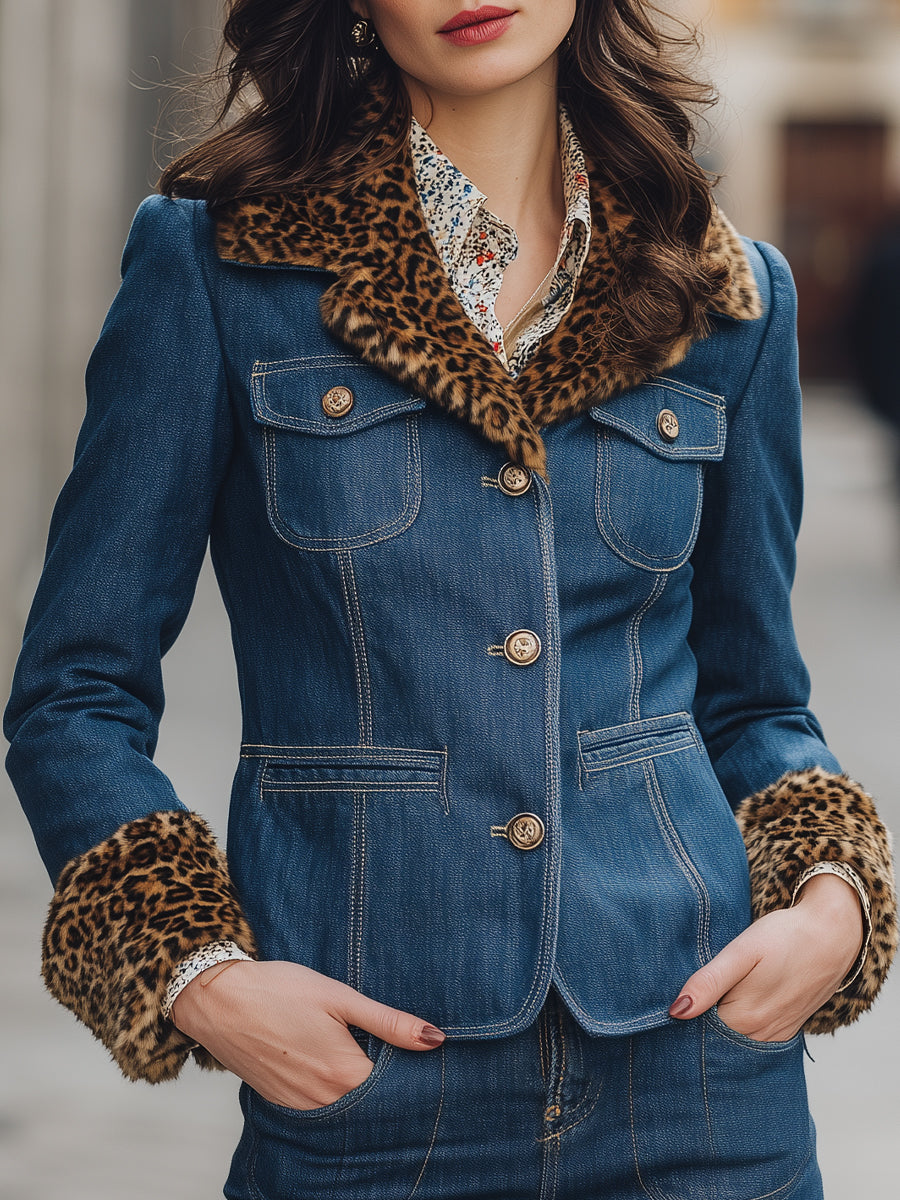 Džins jakna z ovratnikom in manšetami z leopardjim potiskom