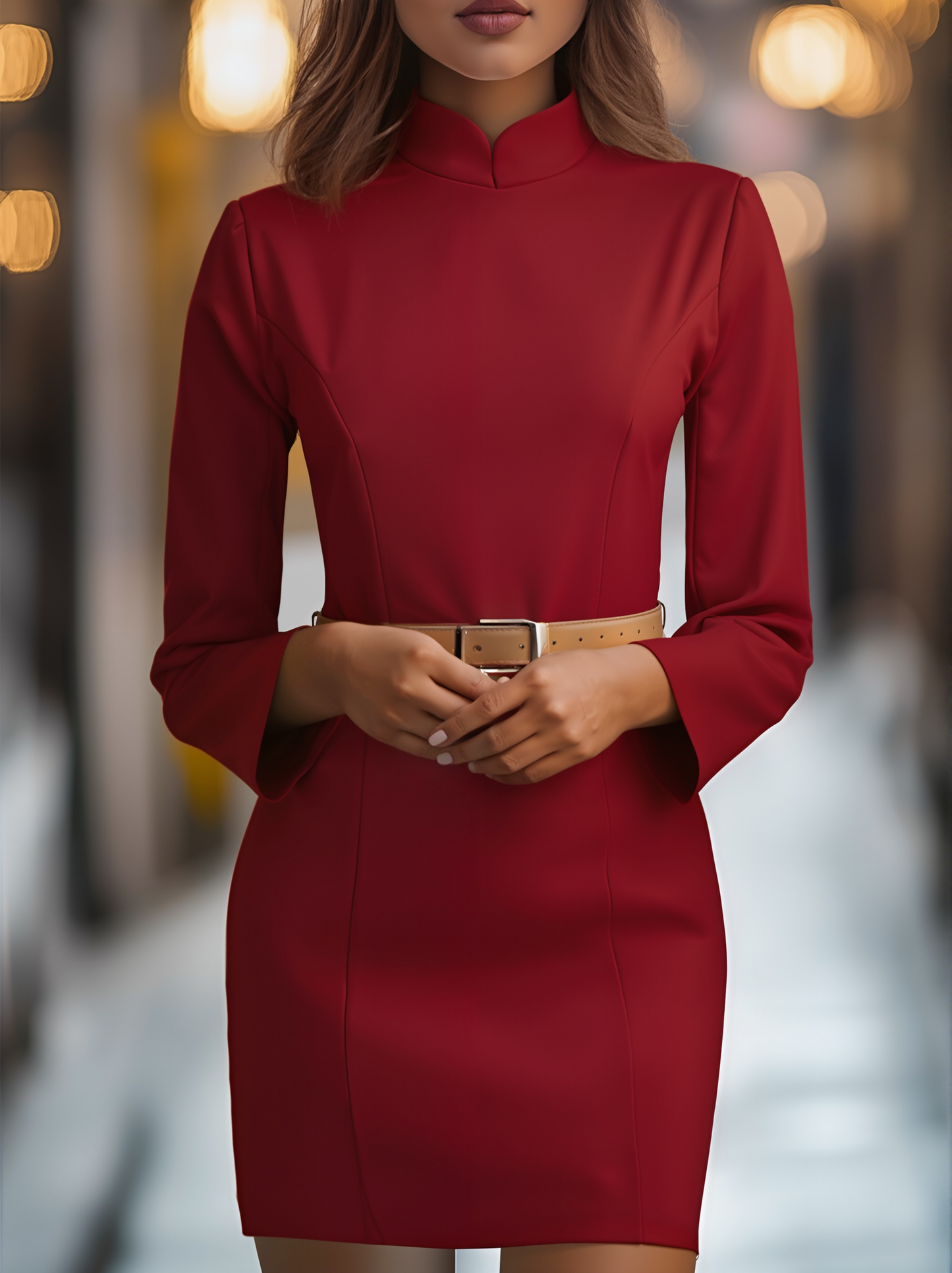 Elegantna bela obleka z ovratnikom mandarin in dizajnom pasu