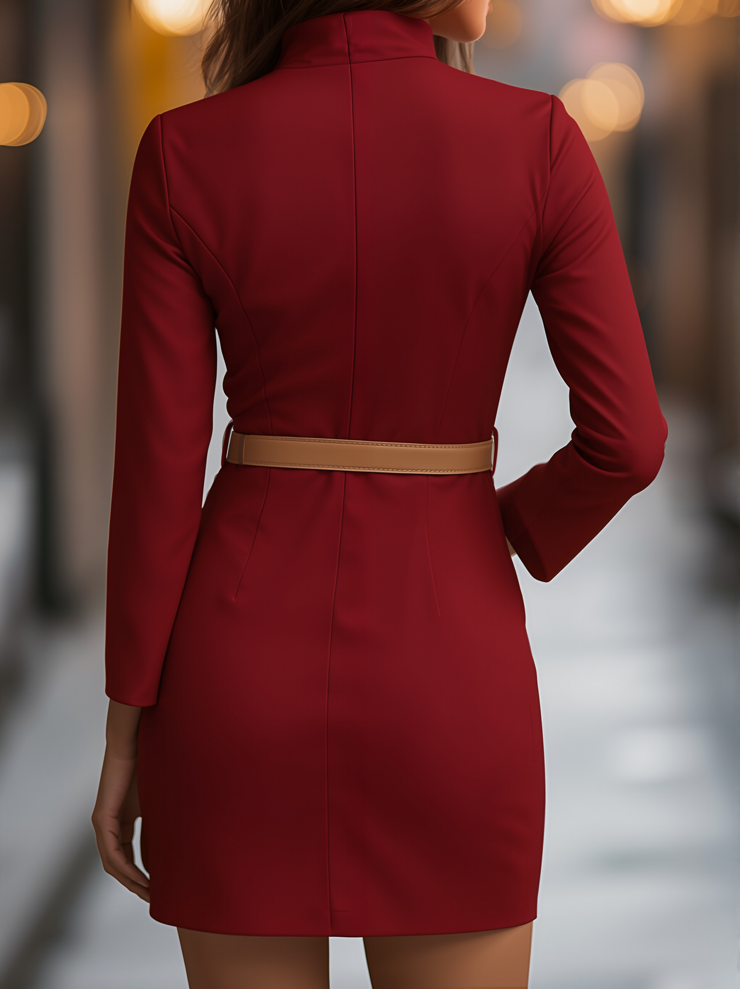 Elegantna bela obleka z ovratnikom mandarin in dizajnom pasu