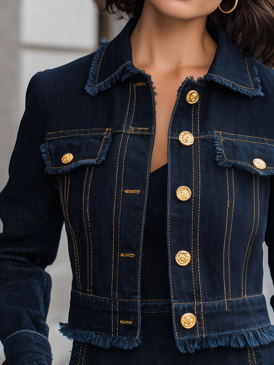 Obrabljena jeans jakna z zlatimi gumbi 