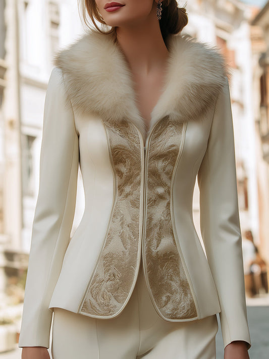 Žakardni blazer s snemljivim ovratnikom iz umetnega krzna
