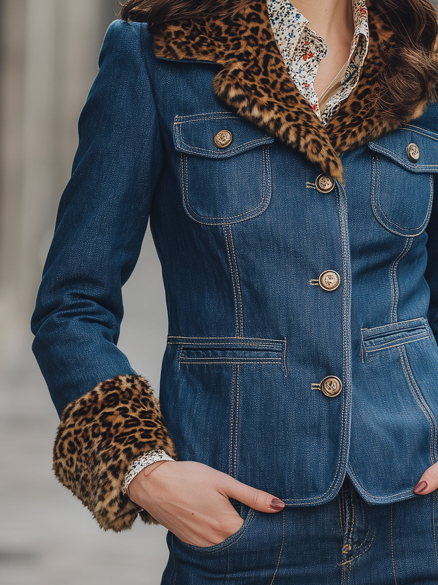 Džins jakna z ovratnikom in manšetami z leopardjim potiskom