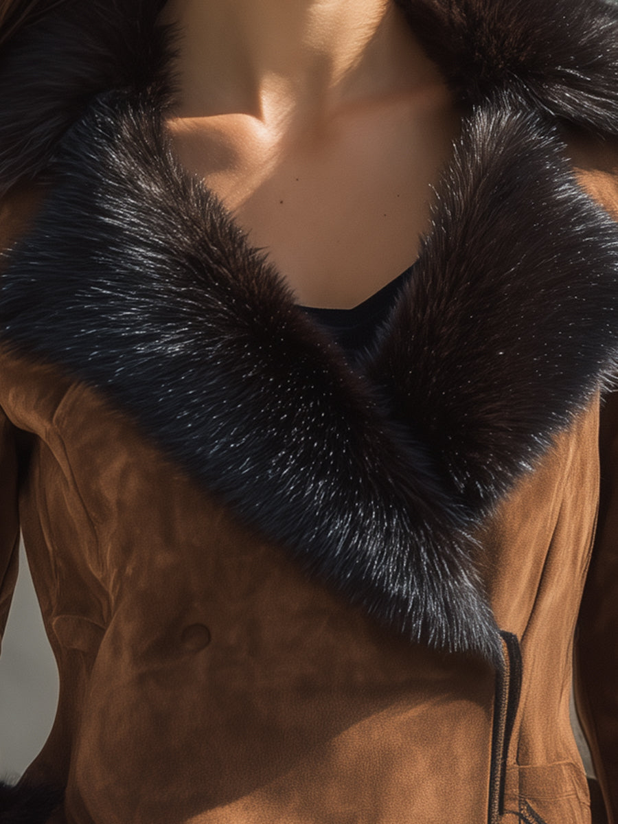 Kostanjeva jakna iz umetnega krzna in semiša