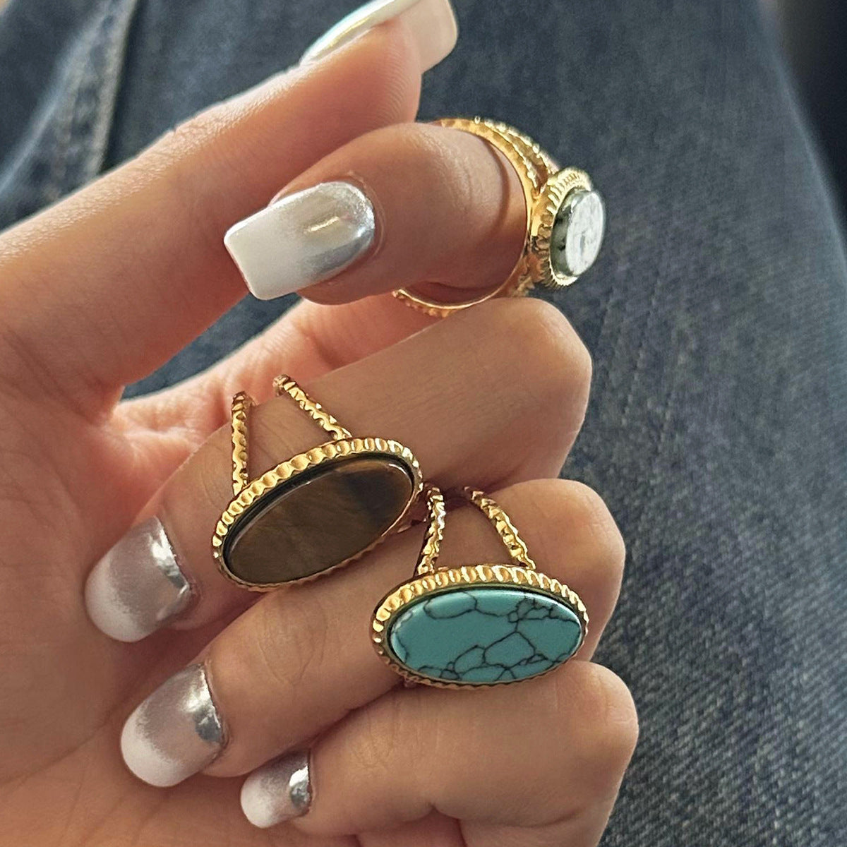 Luksuzni turkizni ovalni prstan s tigrovim očesom (nastavljiv)