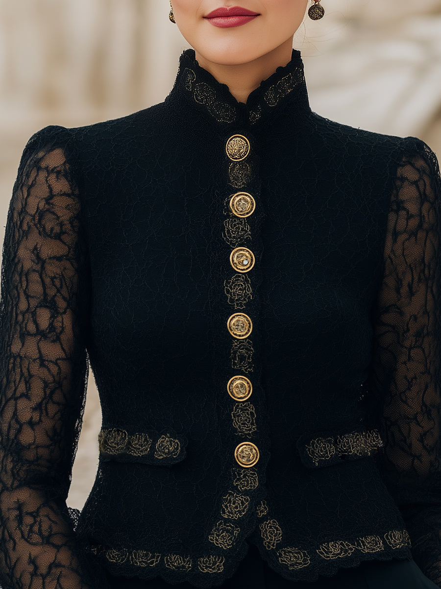 Blazer s stojačim ovratnikom in čipko ter gumbi spredaj