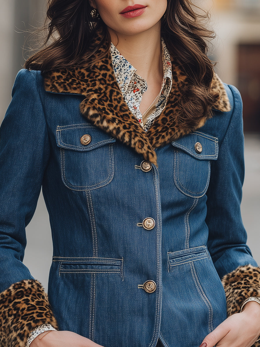 Džins jakna z ovratnikom in manšetami z leopardjim potiskom