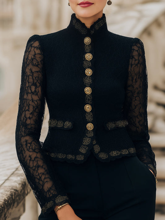 Blazer s stojačim ovratnikom in čipko ter gumbi spredaj