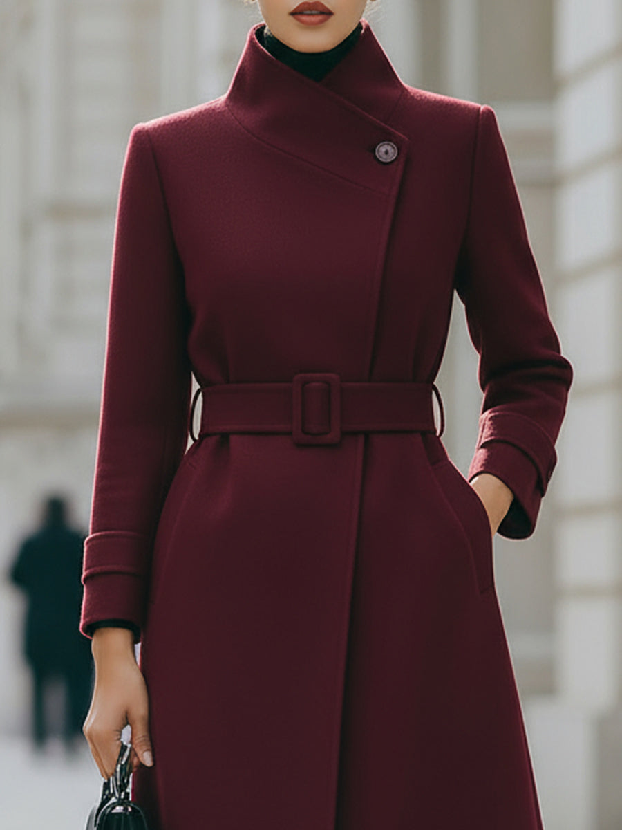 Eleganten bordo volnen plašč s pasom