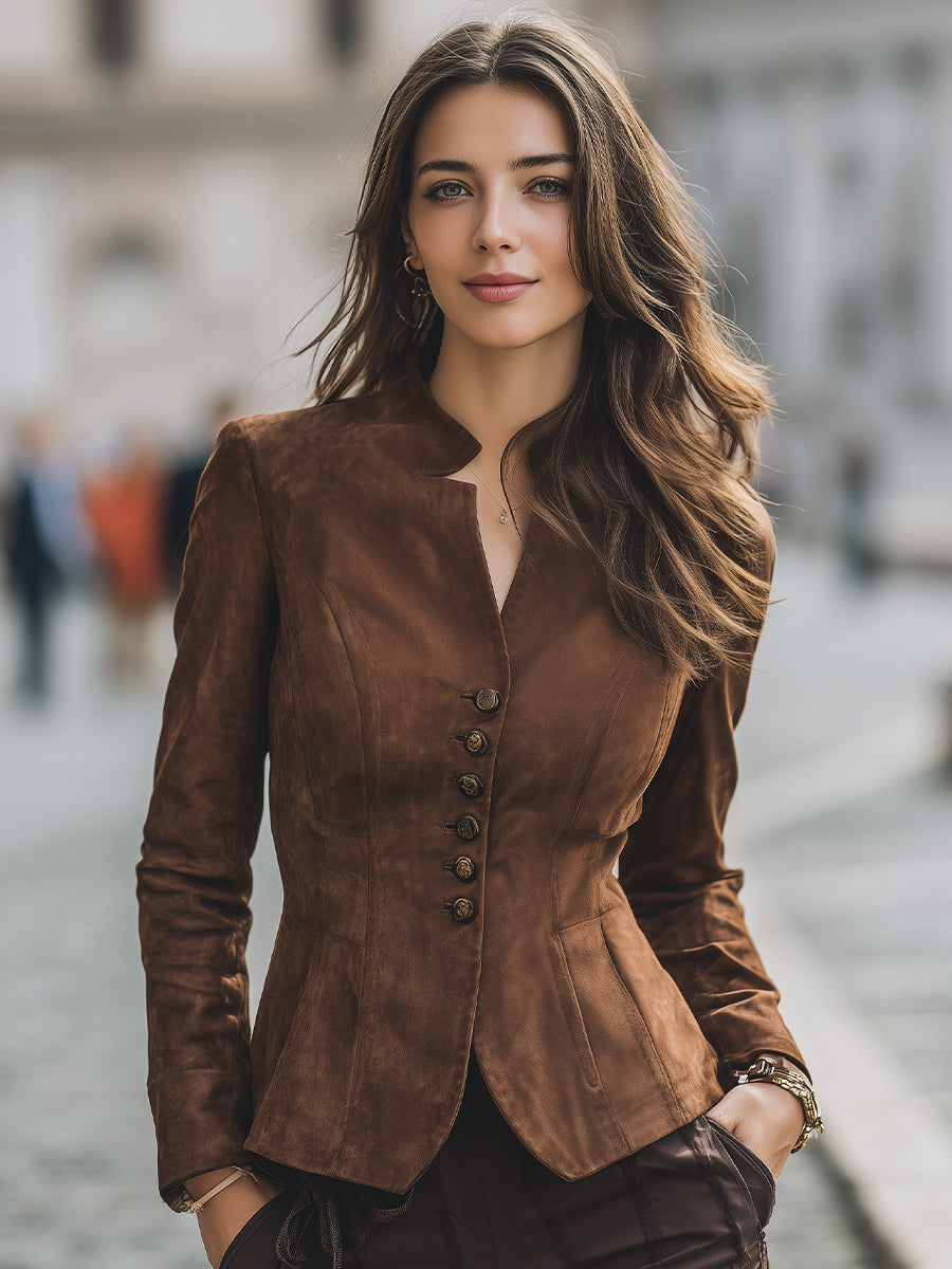 Moka rjav krojeni blazer z gumbi 